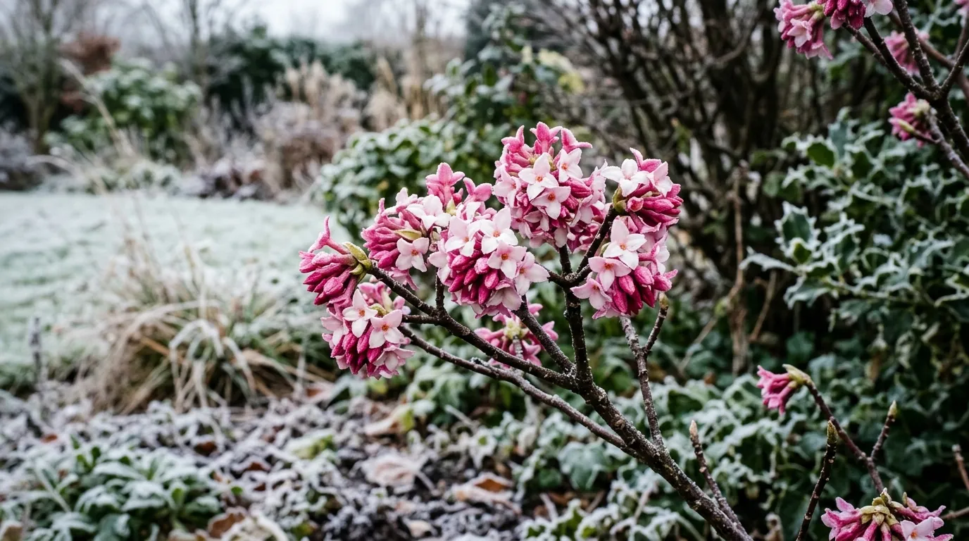 Winter-flowering Daphne bholua with pink flowers in a UK garden