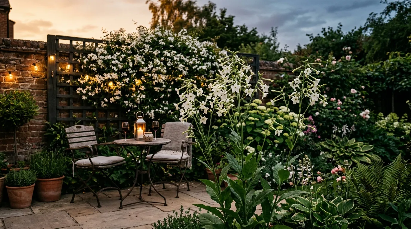 Evening-scented nicotiana and jasmine growing near a UK patio seating area