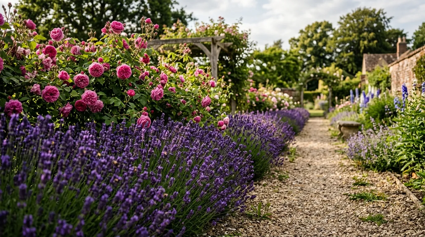 Scented plants along a garden path with lavender and roses in a UK garden
