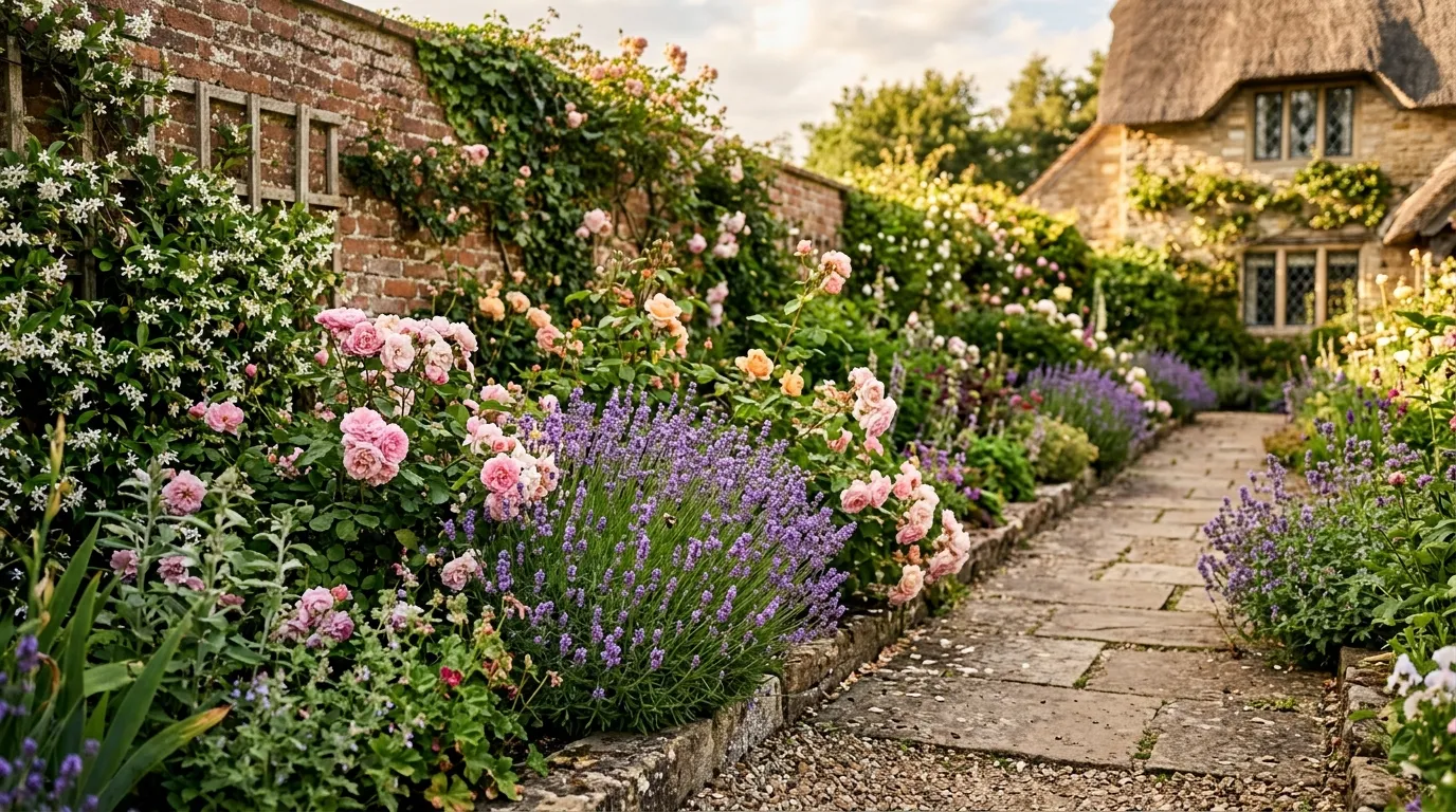 Scented plants growing in a UK garden border with lavender roses and jasmine