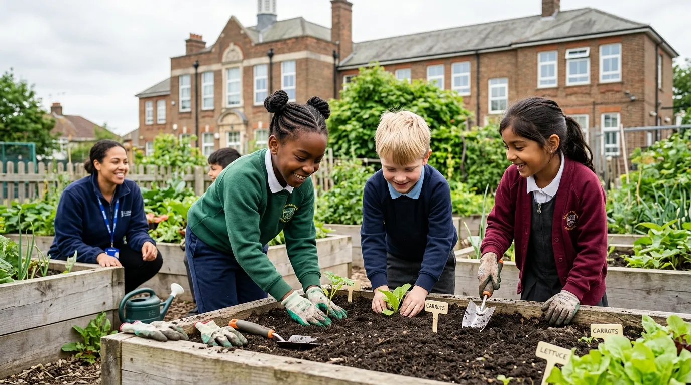 School garden ideas UK showing children planting vegetables in raised beds