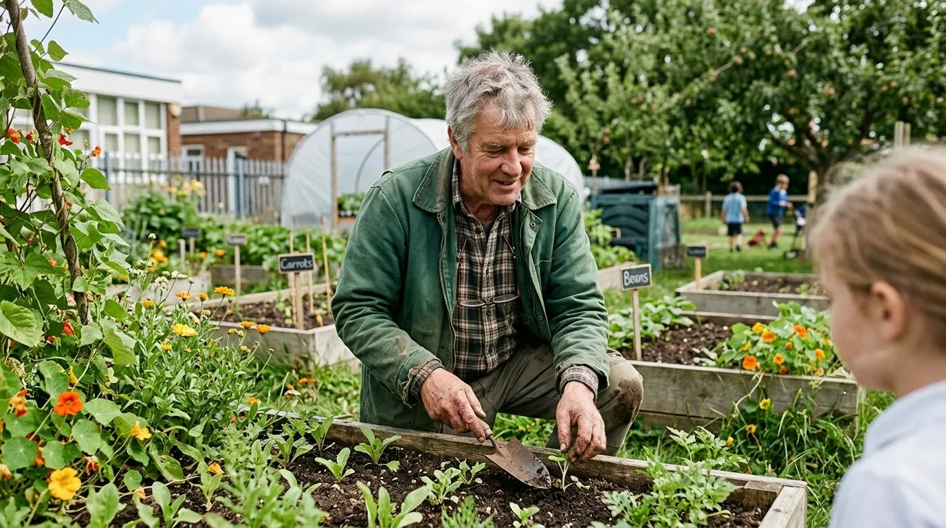 UK gardener working on school garden ideas in a real garden setting