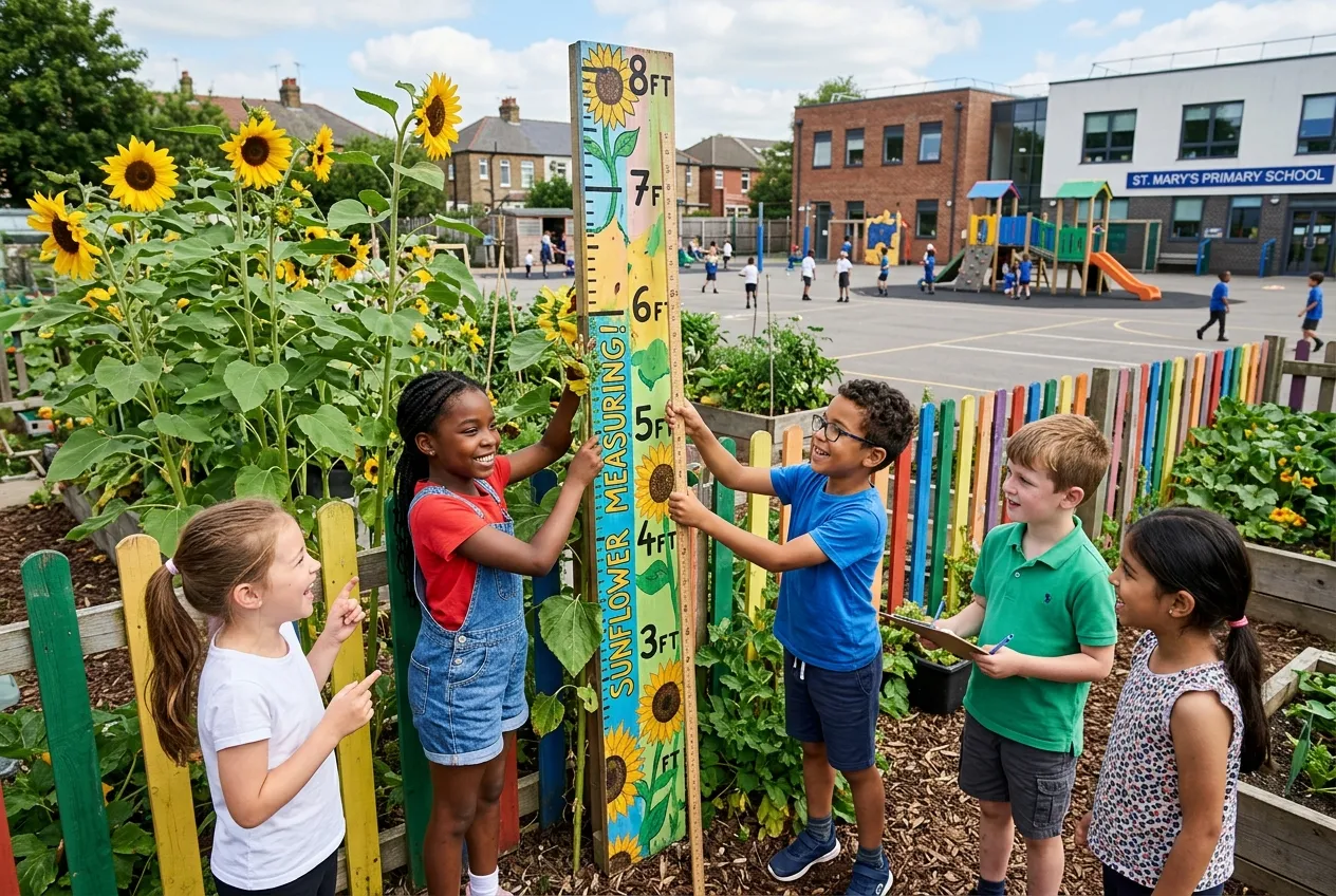 School children measuring sunflowers in a school garden with a colourful height chart