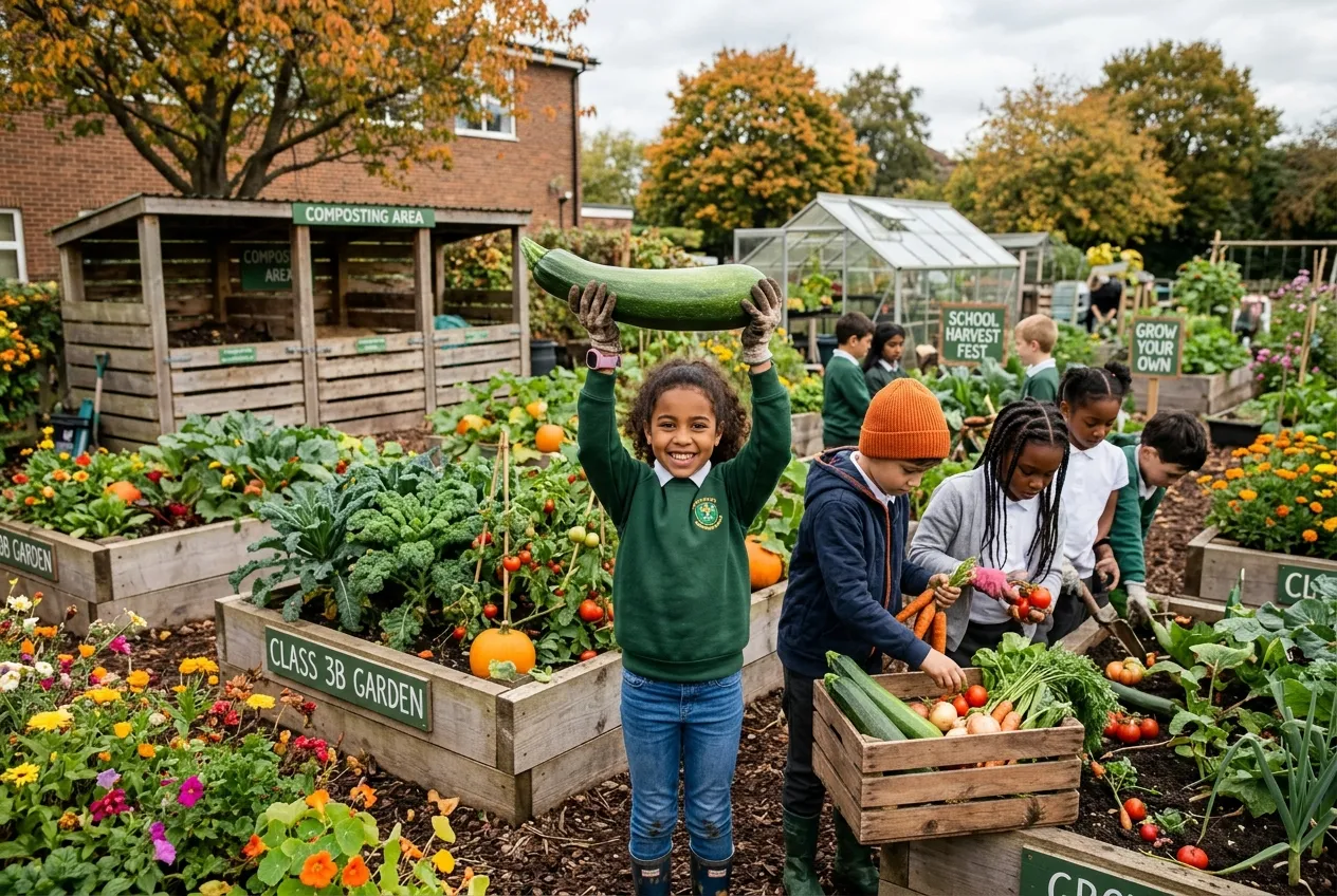 Children harvesting vegetables from school garden raised beds in autumn
