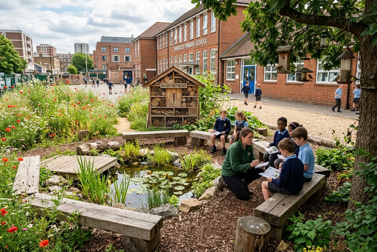 School garden wildlife area with bug hotel, pond, wildflower patch and wooden seating for outdoor lessons