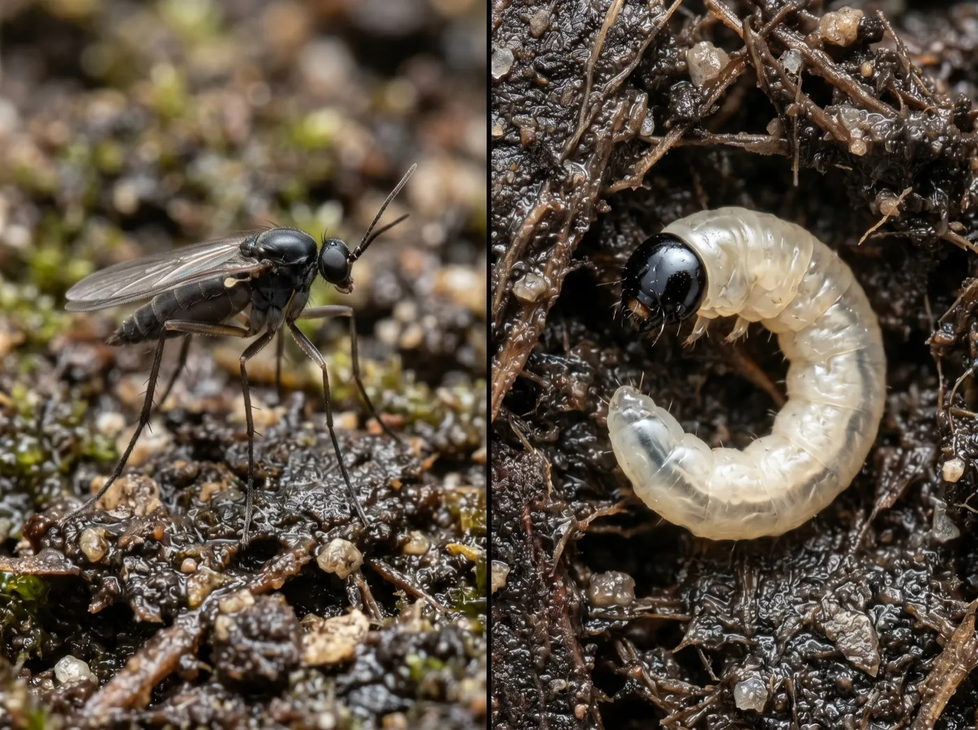 Close-up comparison of a 3mm dark sciarid fly adult on compost beside a translucent black-headed fungus gnat larva