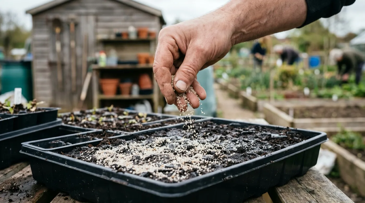 Hand spreading a thin layer of horticultural grit over the surface of a freshly sown seed tray to deter fungus gnats