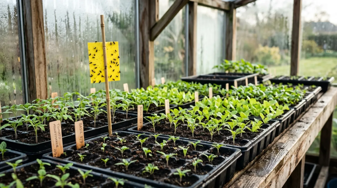 Seed trays on a UK propagation bench with yellow sticky traps catching sciarid flies above damp compost