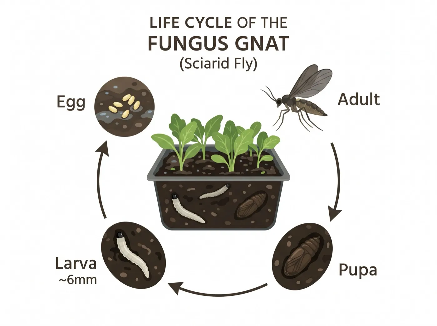 Labelled diagram of the fungus gnat life cycle showing egg, larva, pupa, and adult stages around a seed tray
