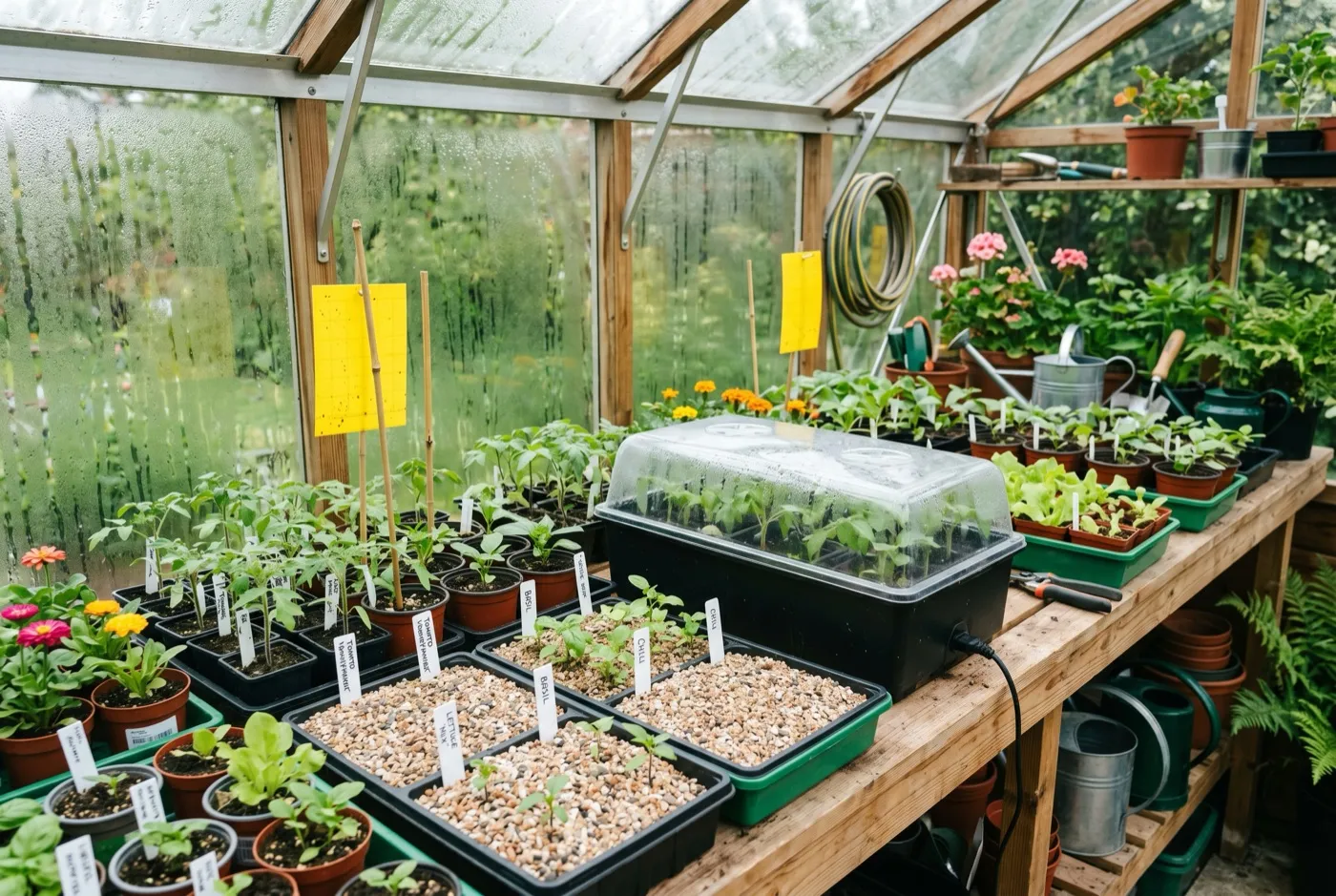 Seed trays of young seedlings on a UK greenhouse propagation bench with grit-topped pots and sticky traps