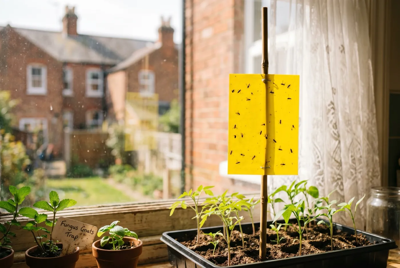 Yellow sticky trap above a UK windowsill seed tray, dotted with small dark sciarid fly adults