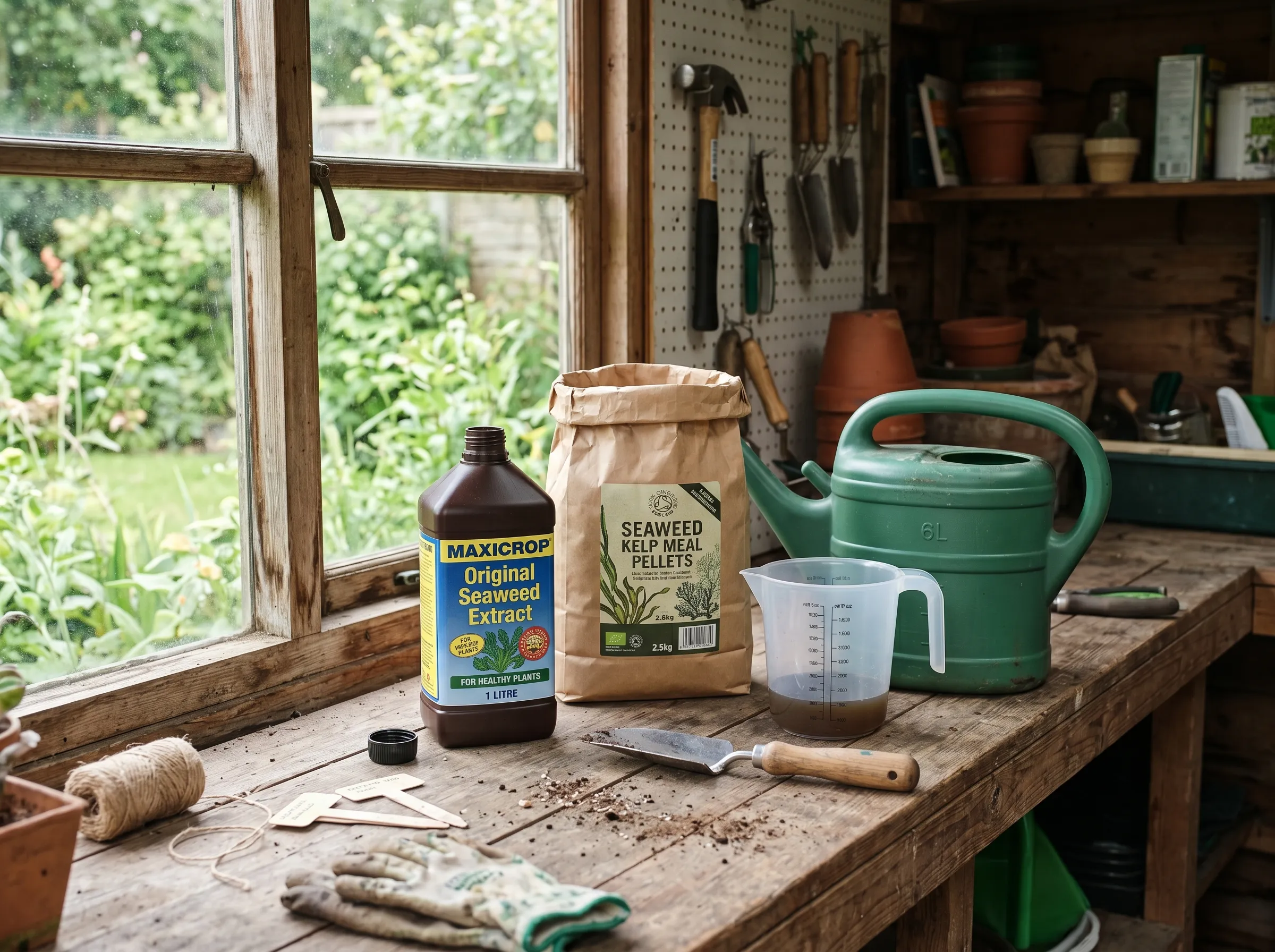 UK gardening shed bench with liquid seaweed concentrate bottle, kelp meal pellet bag, watering can and measuring jug laid out for seaweed feed application, soft daylight from shed window