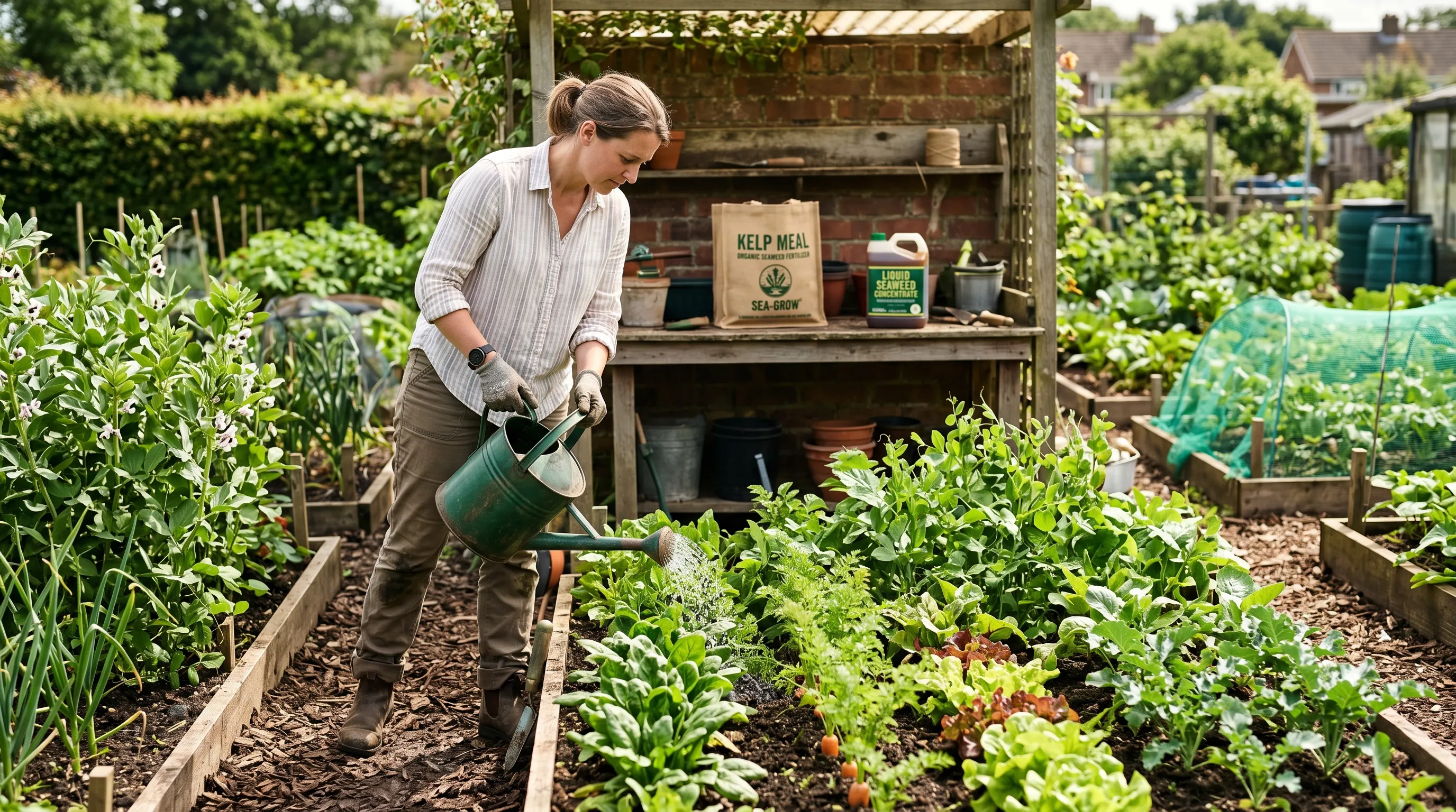 UK gardener applying liquid seaweed feed to vegetable beds with a watering can, kelp meal bag and bottle of liquid seaweed concentrate on the bench nearby