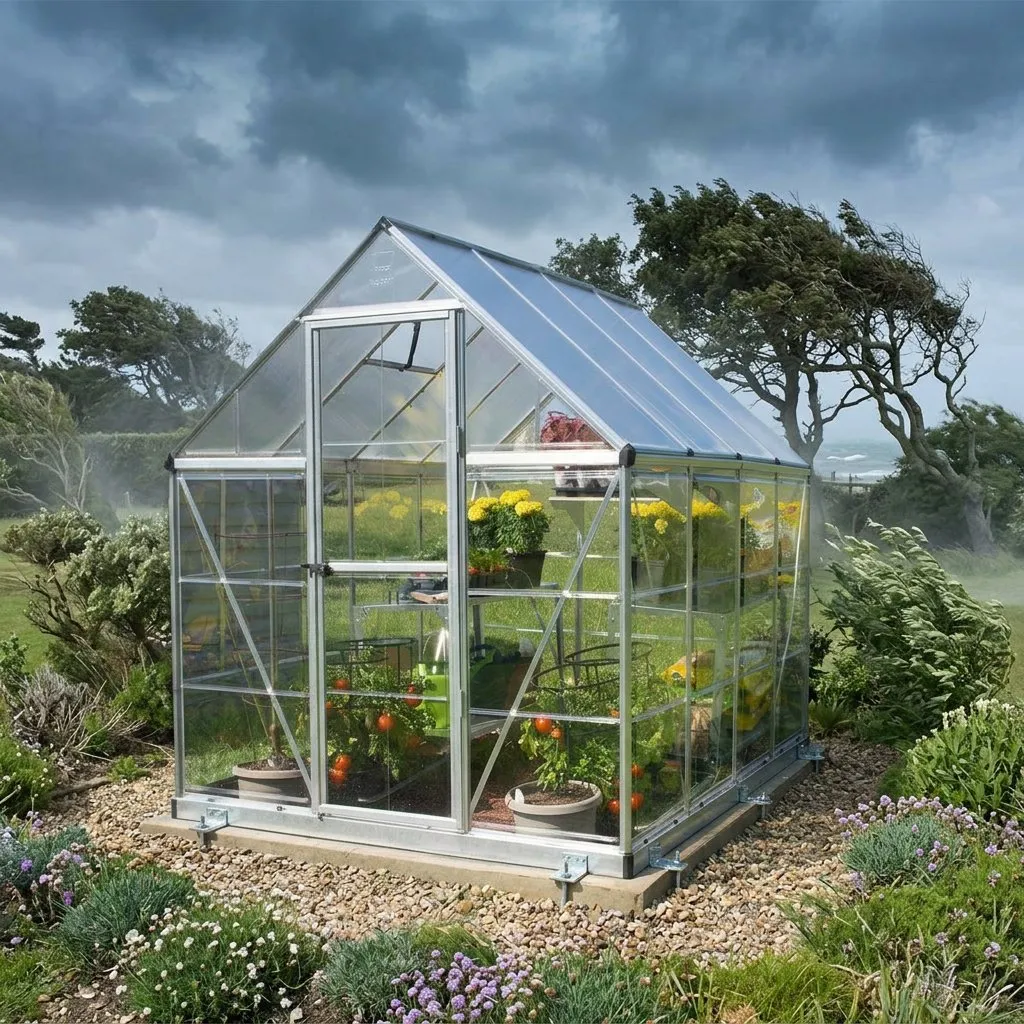 Palram Hybrid greenhouse anchored to a concrete base in an exposed coastal garden on a windy day