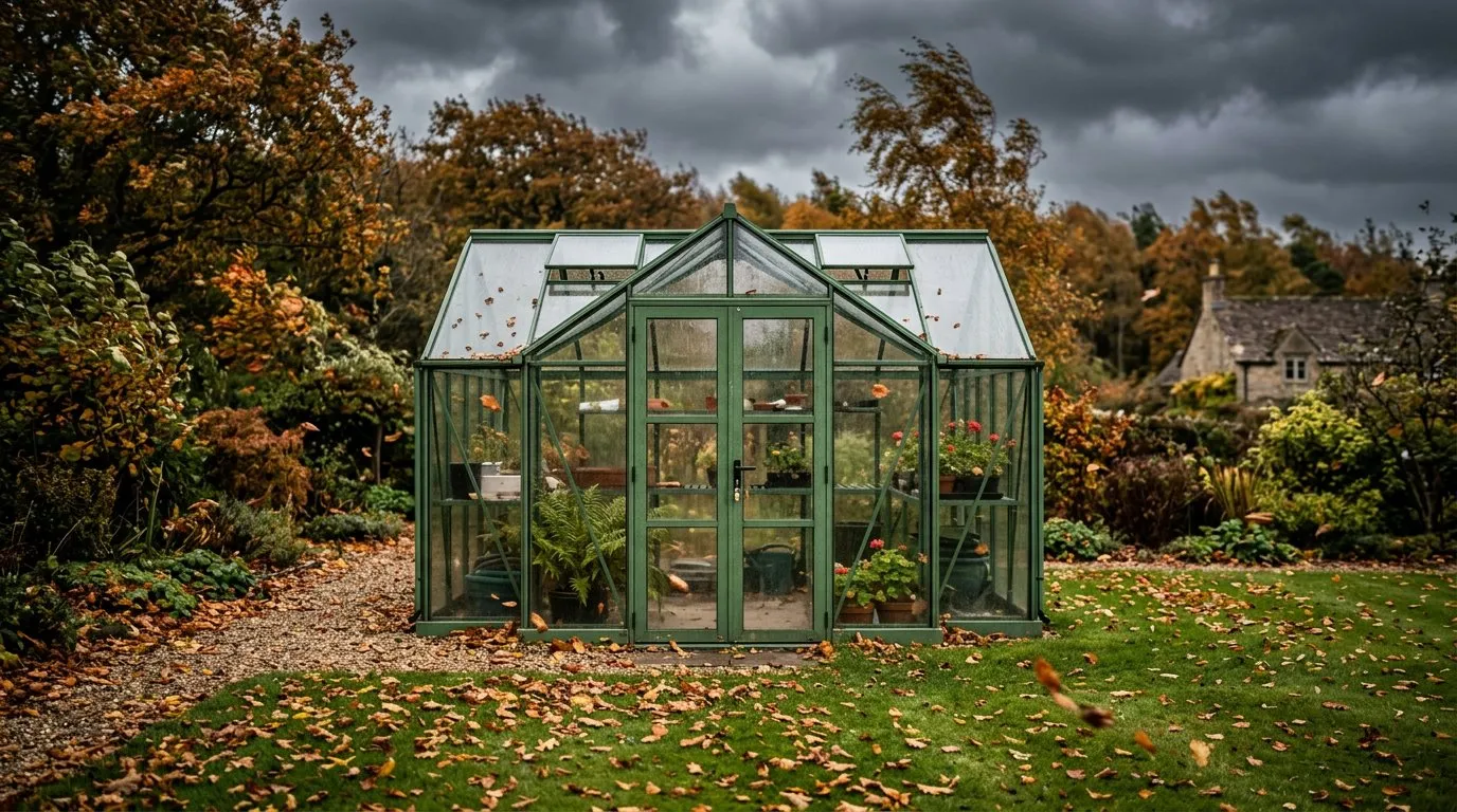 Greenhouse secured against wind with all vents and doors closed before a storm