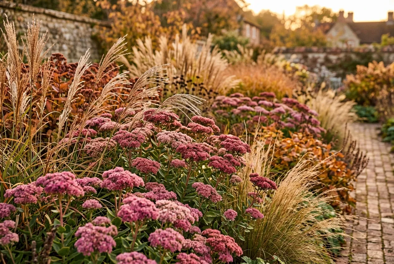 Tall sedums with ornamental grasses in an autumn border in a UK garden