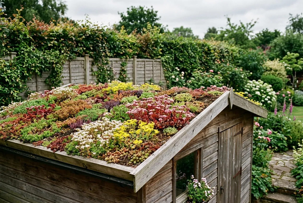 Mixed sedum species growing on a green roof of a garden shed in a UK garden