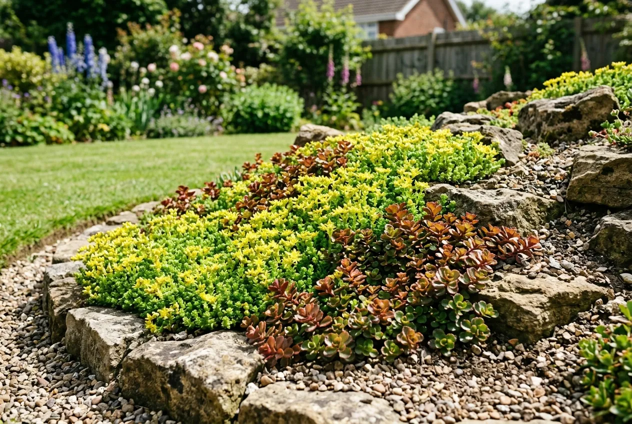 Low-growing sedum ground cover forming a dense mat on a sunny rockery bank in a UK garden
