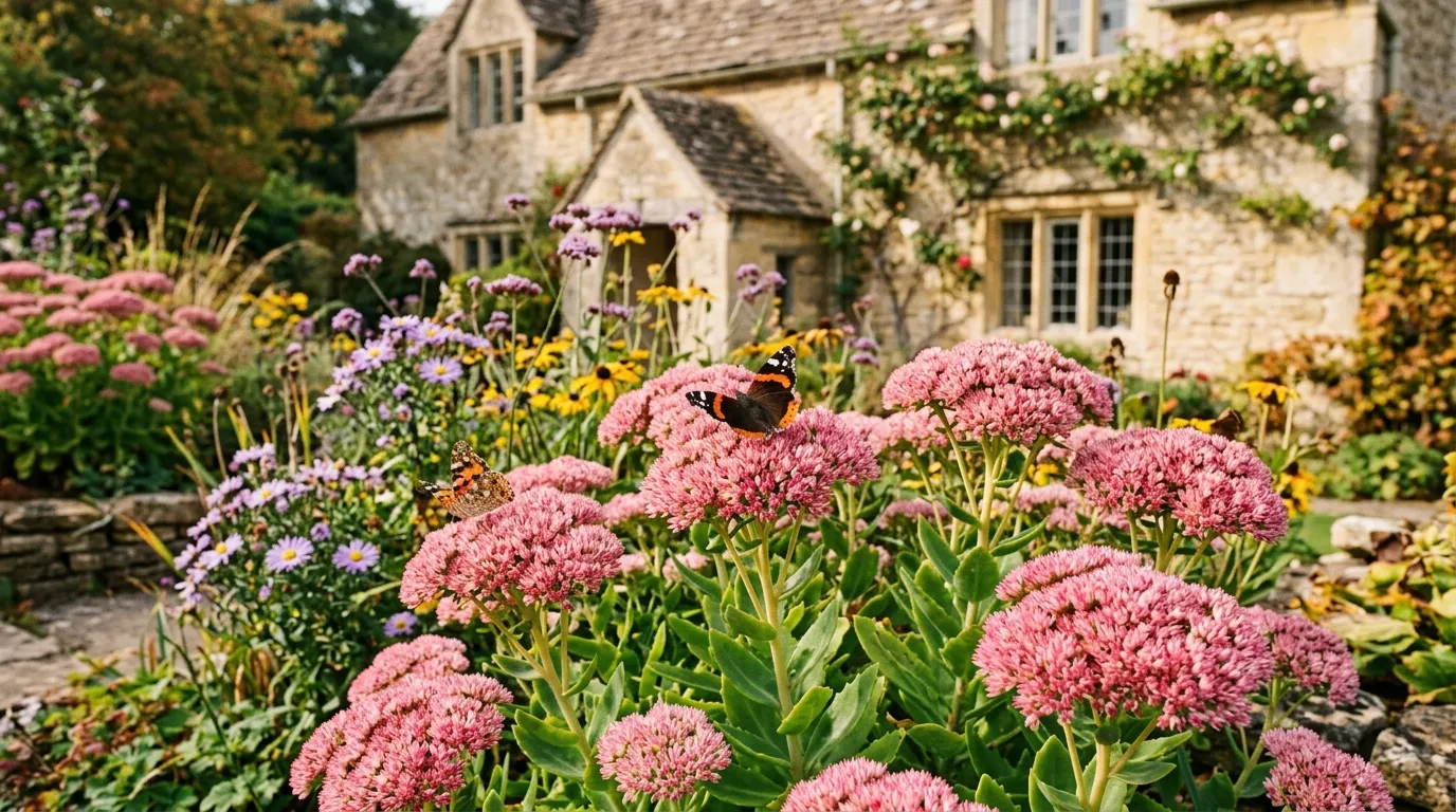 Sedum Autumn Joy in full bloom with pink flower heads and butterflies visiting in a UK cottage garden