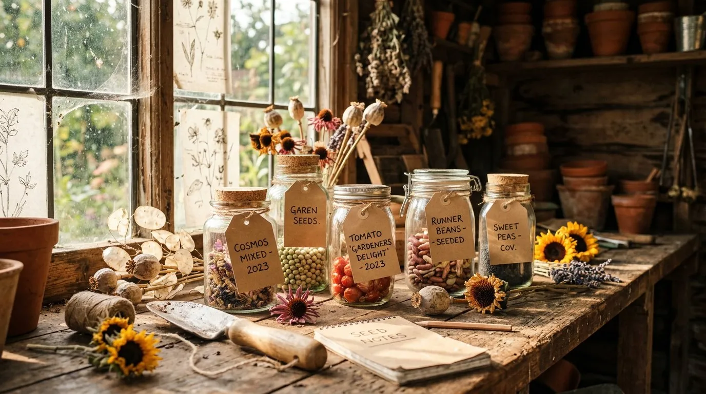 Seed saving jars with saved garden seeds on a rustic potting bench in a UK garden shed