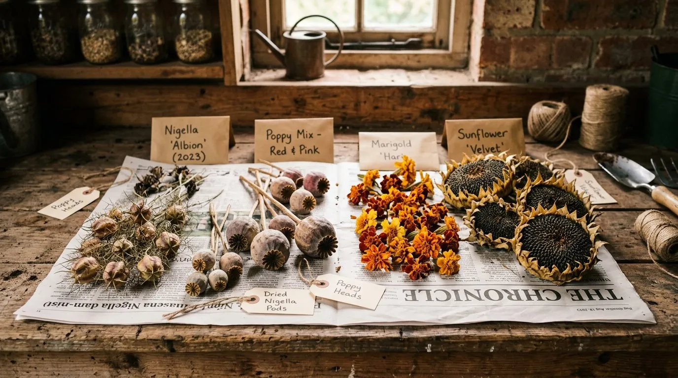 Seed saving collection of dried seed heads from various flowers and vegetables laid out for collection