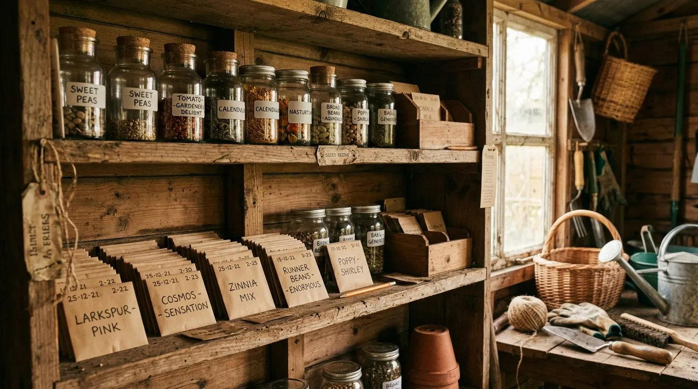 Seed saving storage with glass jars and paper envelopes of saved seeds neatly labelled on a shelf