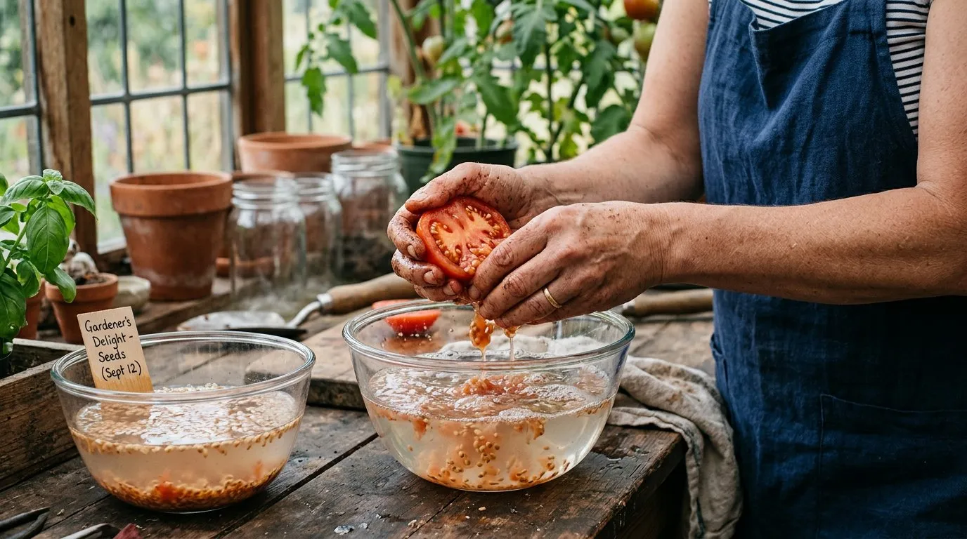 Seed saving by wet fermentation: tomato seeds extracted into a glass jar