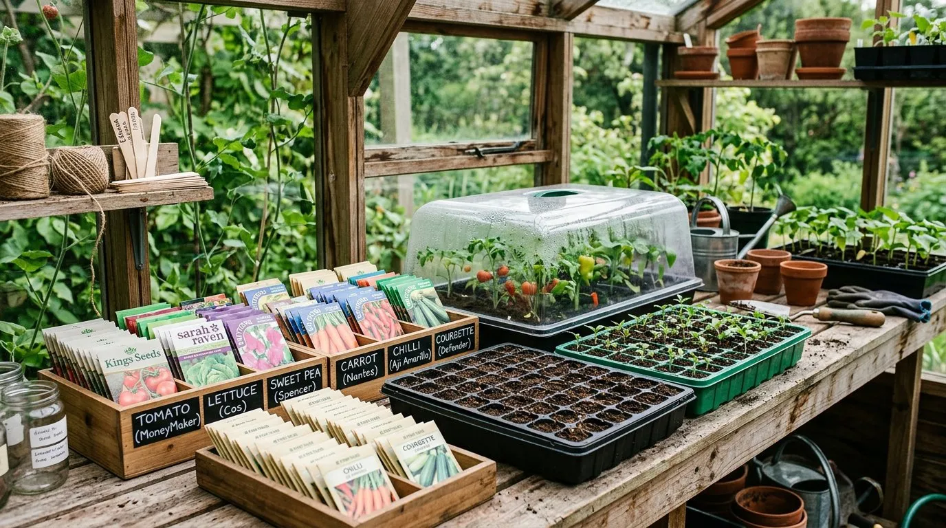 Neat rows of labelled seed packets alongside seed trays on a potting bench in a UK greenhouse