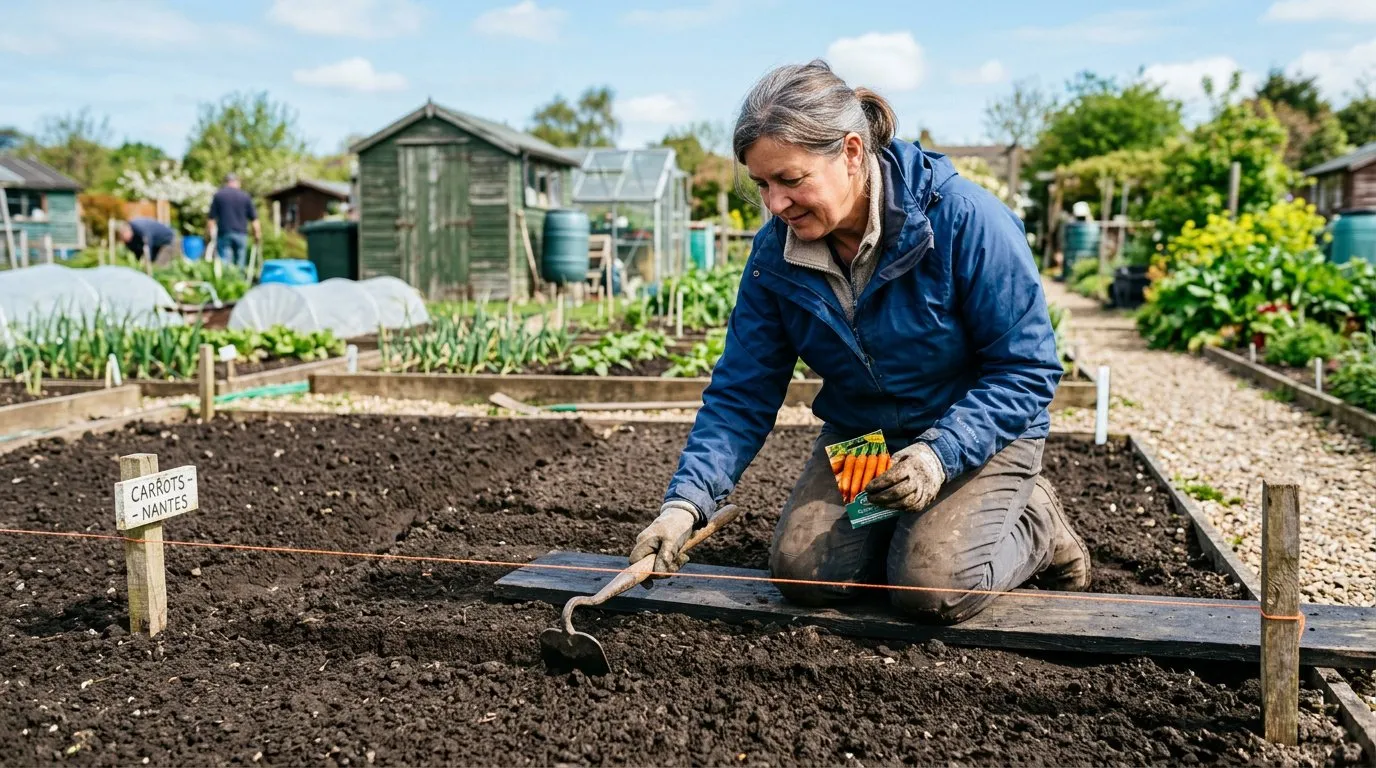 Gardener drawing a seed drill with a hoe in prepared soil on a UK allotment