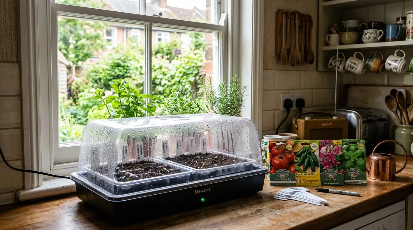 Heated propagator on a windowsill with freshly sown seed trays inside