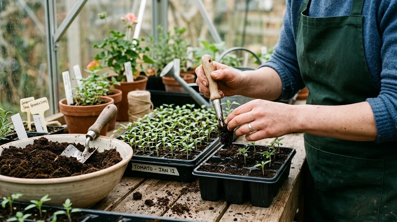 Hands pricking out tiny seedlings from a seed tray using a dibber