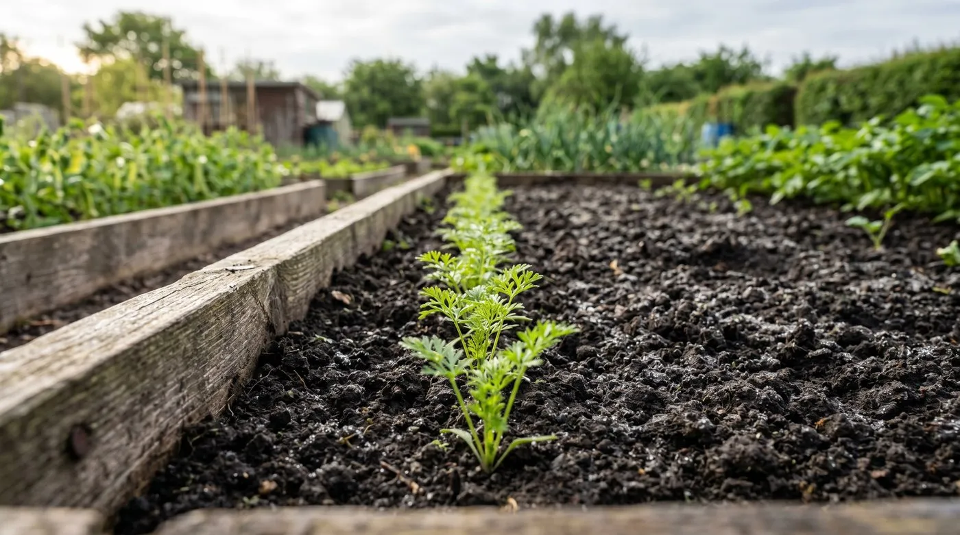 Evenly spaced carrot seedlings emerging in a straight row in a raised bed