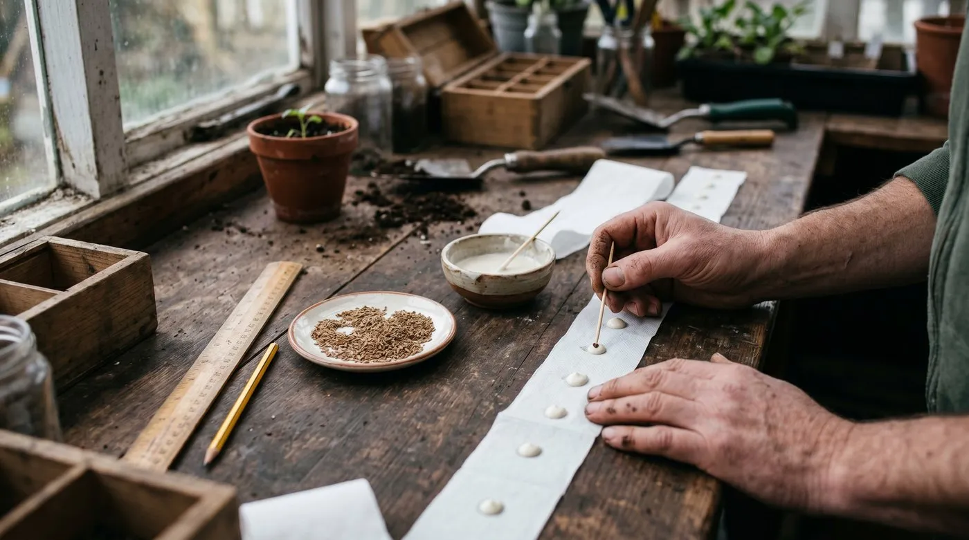 Making DIY seed tapes on a potting bench with toilet roll strips, flour paste and carrot seeds