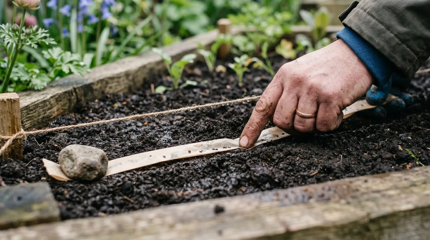Close-up of a hand pressing a home-made seed tape into a shallow drill beside a string line