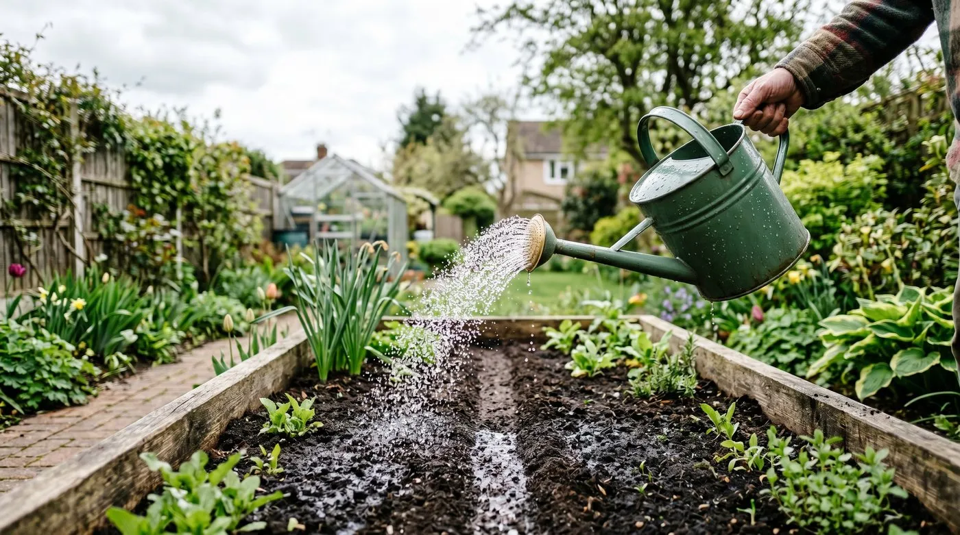 Watering a freshly sown seed tape drill in a raised bed with a fine rose watering can