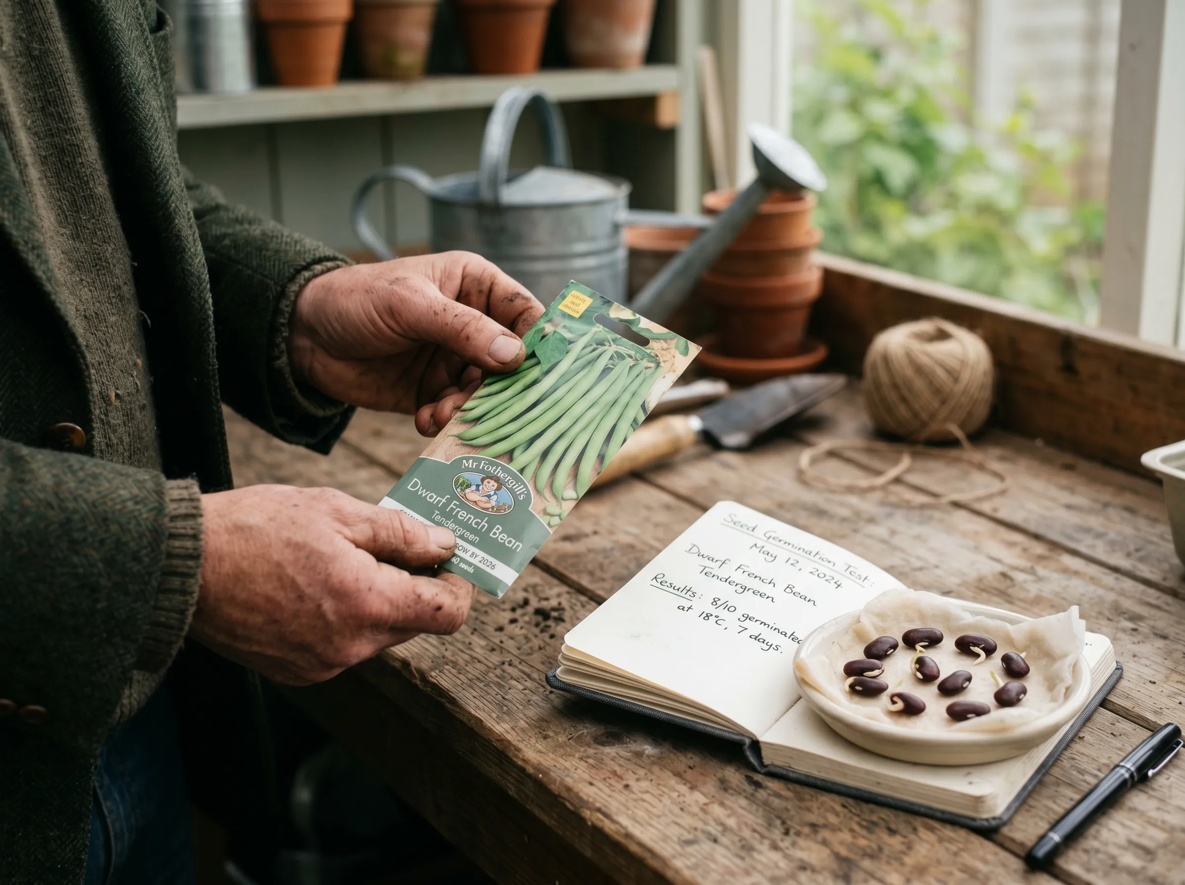 UK gardener's hand holding a sealed seed packet of dwarf French bean Tendergreen next to a small notebook with handwritten germination test results showing 8 of 10 seeds germinated at 18C compost temperature