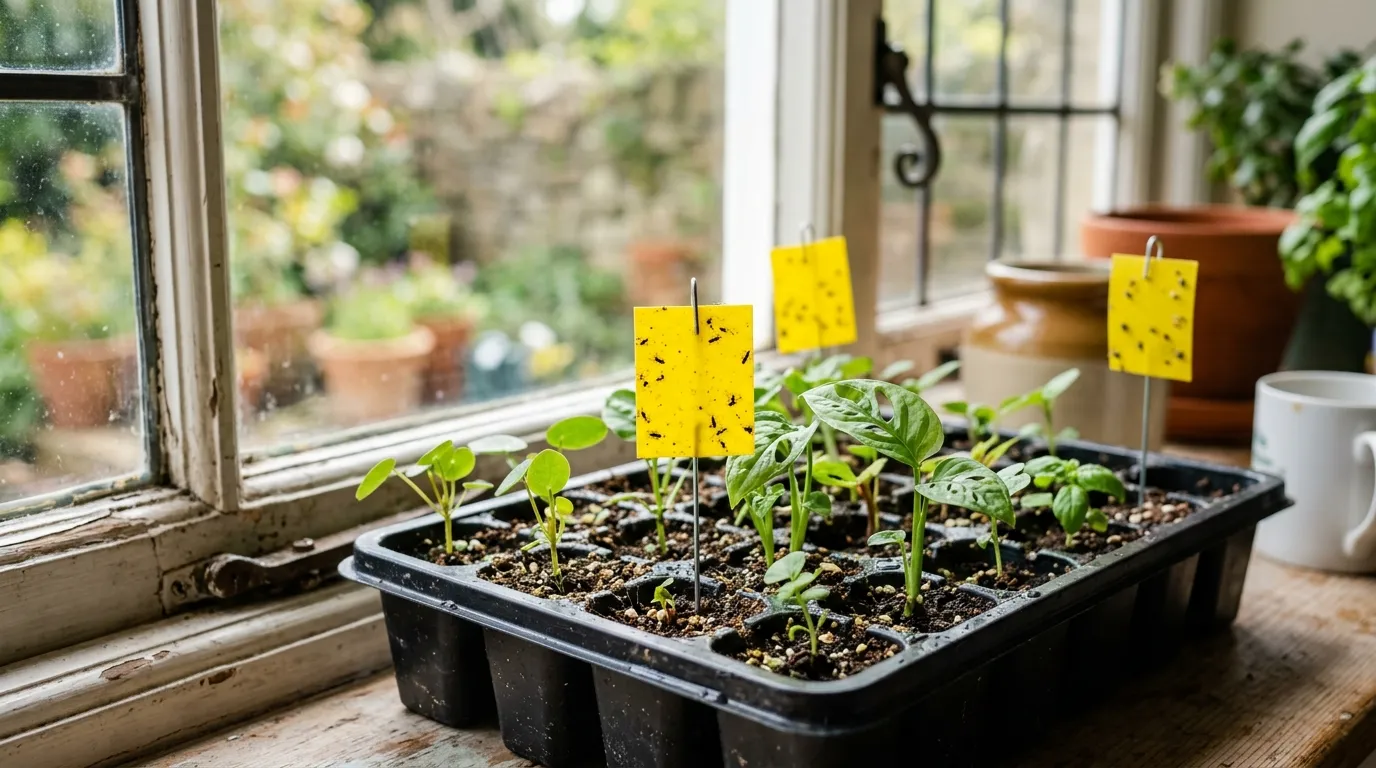 Houseplant seedlings with yellow sticky traps protecting against fungus gnats in propagation tray UK