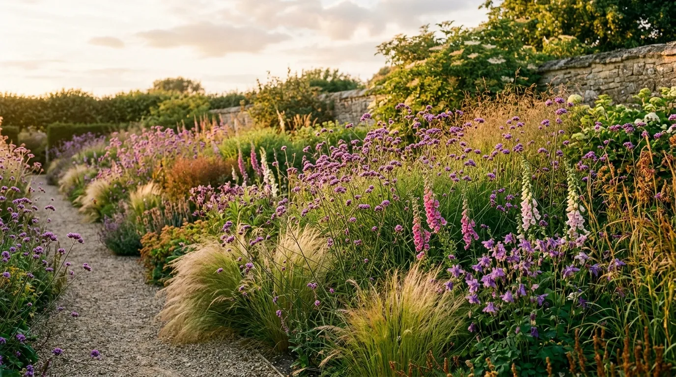 Naturalistic border with self-seeded verbena bonariensis foxgloves and ornamental grasses in golden hour light