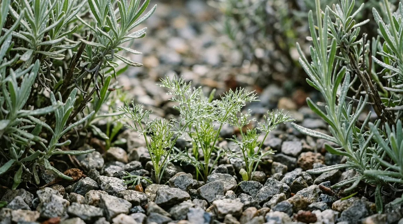 Nigella seedling emerging through gravel mulch between established lavender plants in a UK border