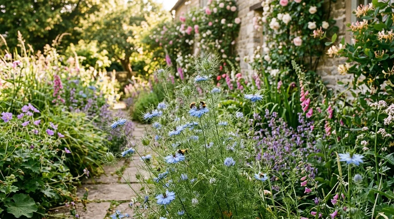 Nigella love-in-a-mist self-seeding between other plants in a UK cottage garden with blue flowers