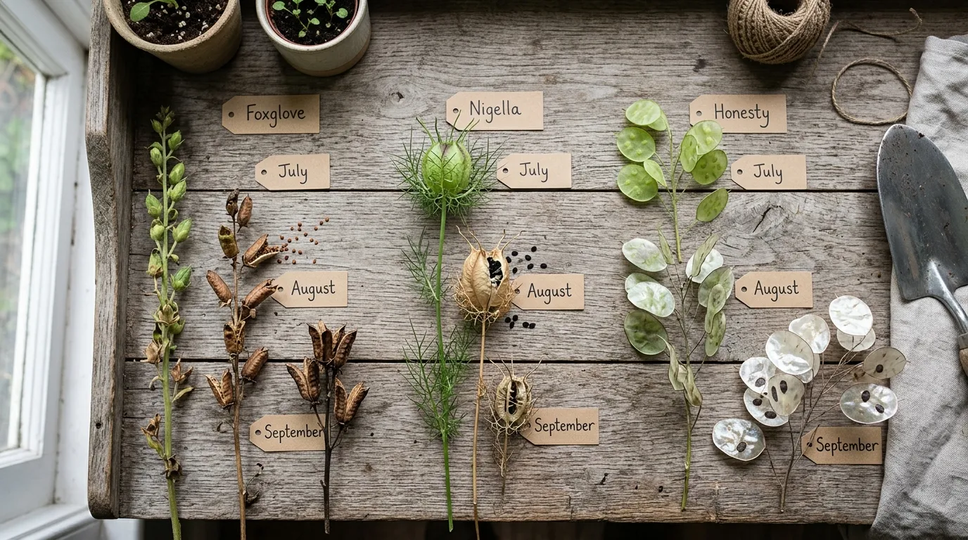 Foxglove nigella and honesty seed pods arranged on a weathered potting bench showing different ripening stages