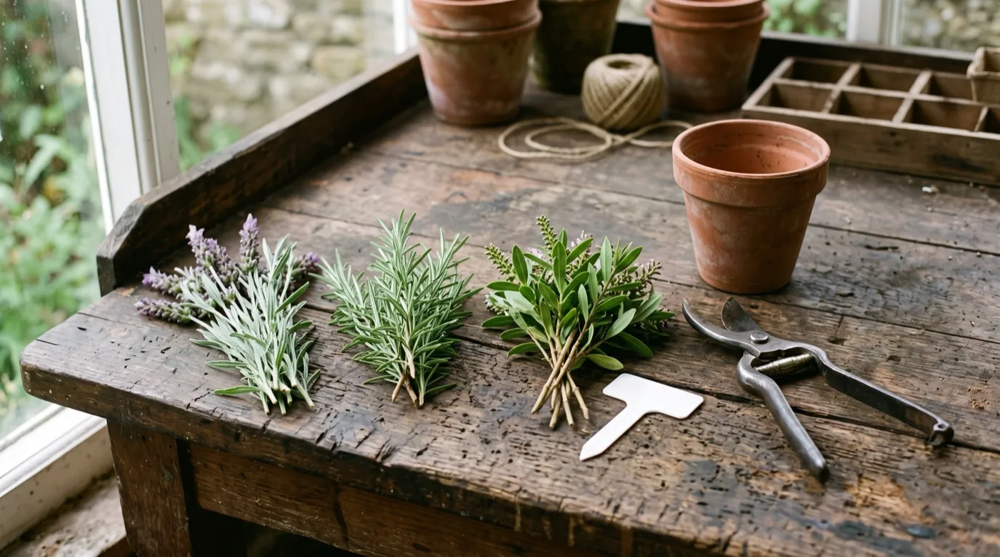 Semi-ripe cuttings of hebe and choisya laid out on a bench beside secateurs in a Staffordshire garden in August