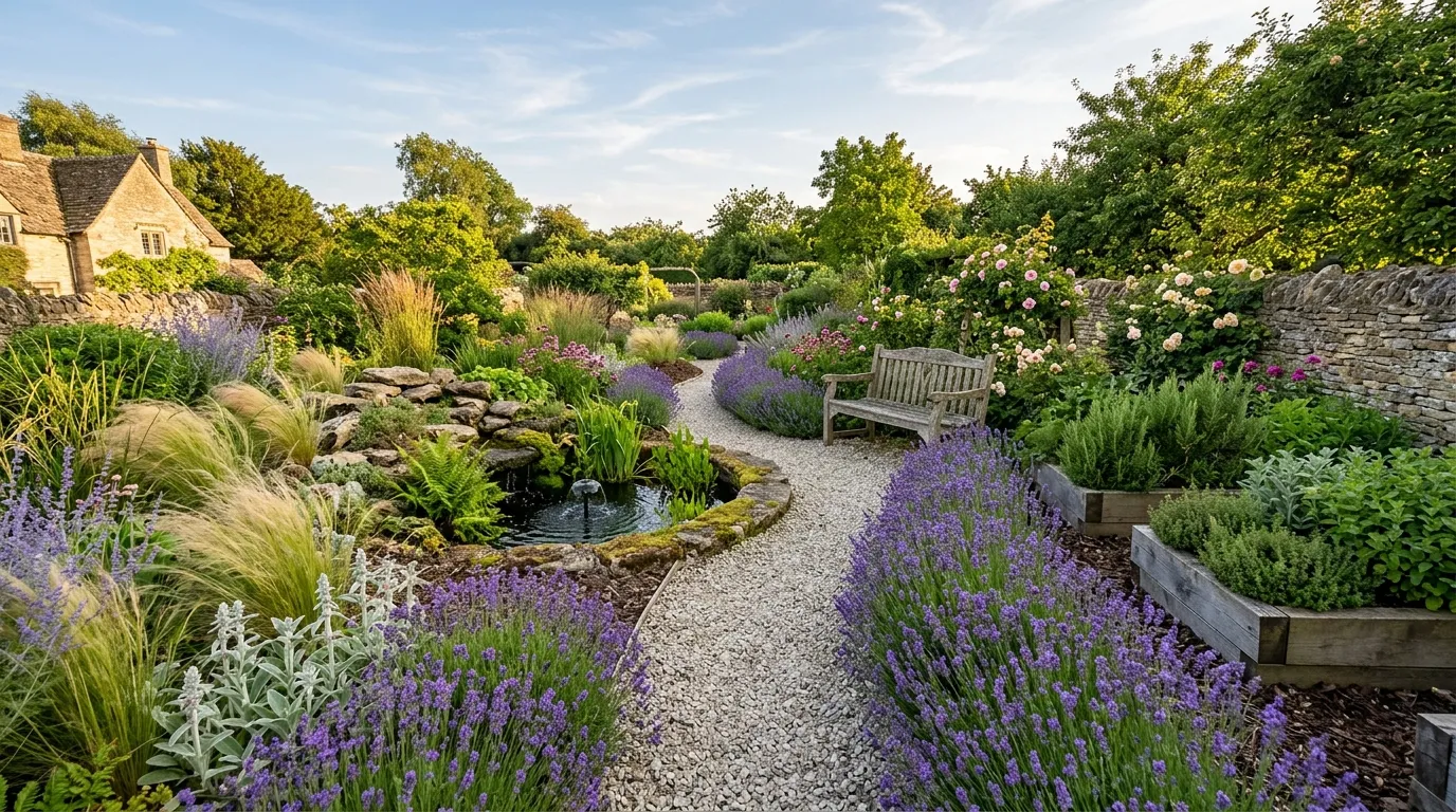 Sensory garden in full bloom with lavender, ornamental grasses, and a central water feature in a UK garden
