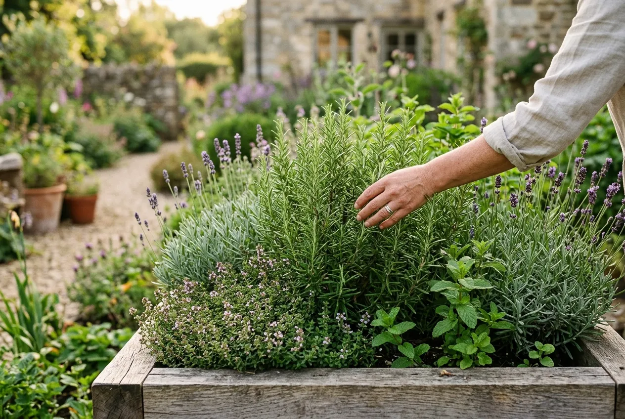 Sensory garden scented herbs including lavender and rosemary in a raised bed at touching height