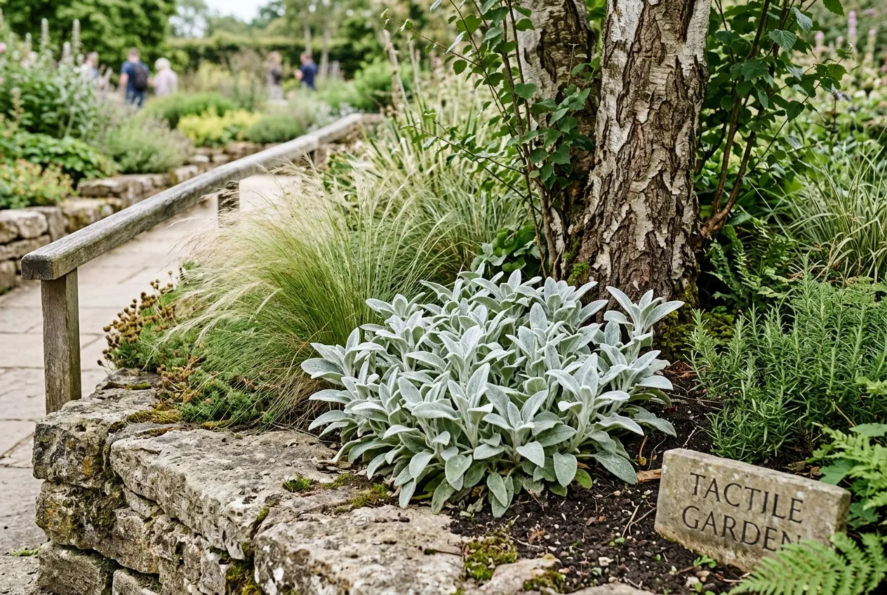 Sensory garden texture plants with lamb's ear, ferns, and bark creating tactile contrast