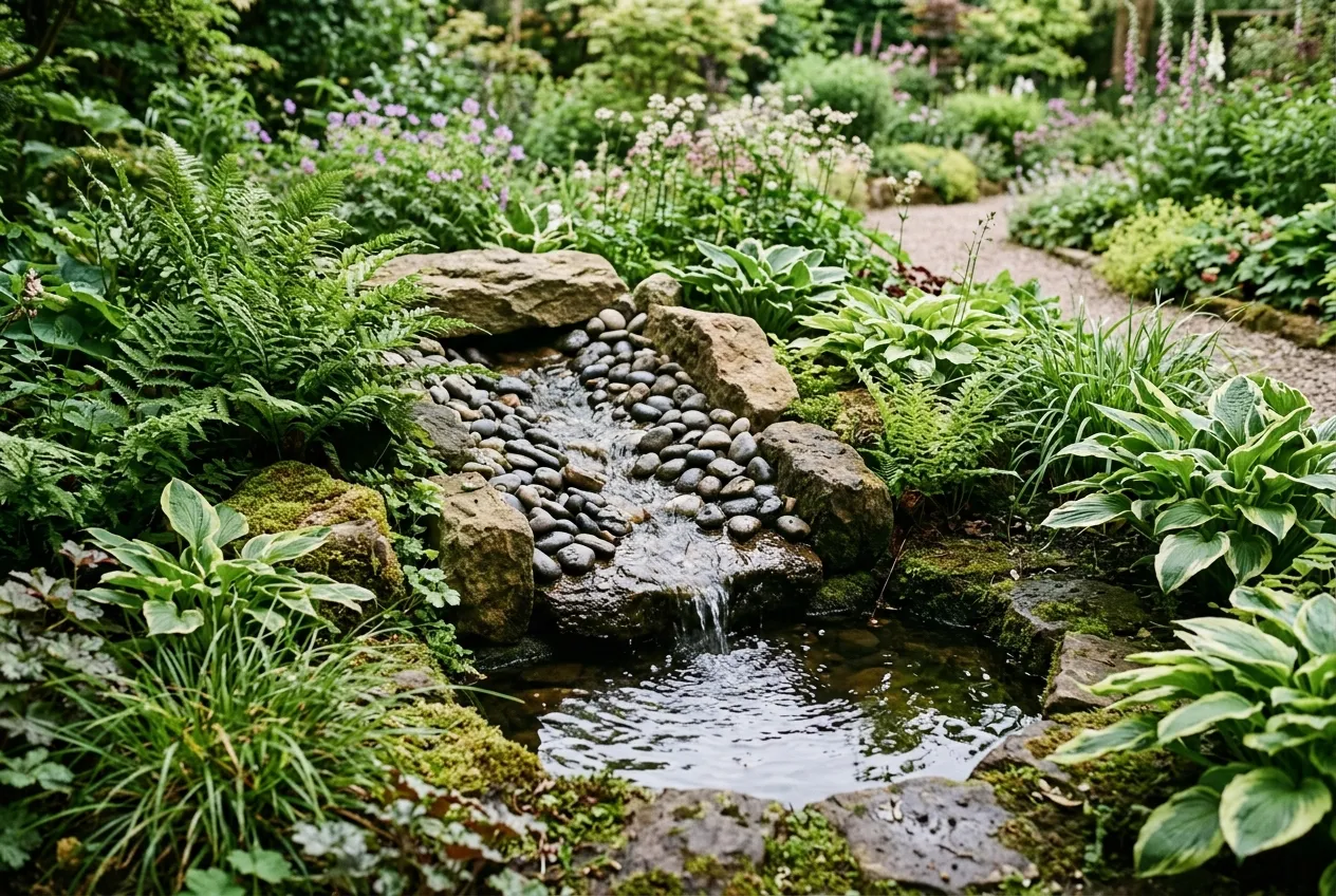 Sensory garden water feature with stone cascade surrounded by ferns and hostas for sound