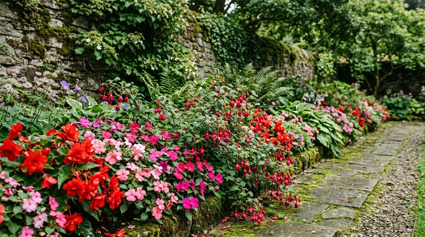 Shade-tolerant annual begonias and fuchsias flowering in a shaded UK garden border