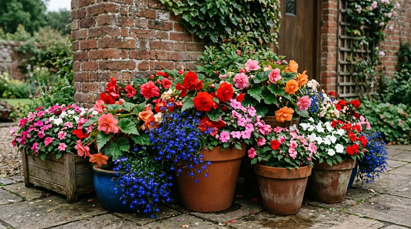 Shade-tolerant annual flowers in containers against a north-facing wall