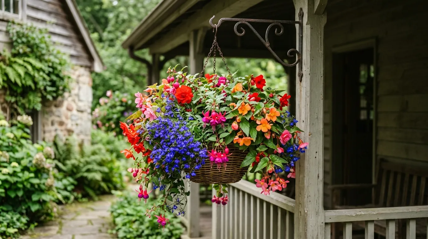 A hanging basket of shade-tolerant annual flowers for a shaded porch
