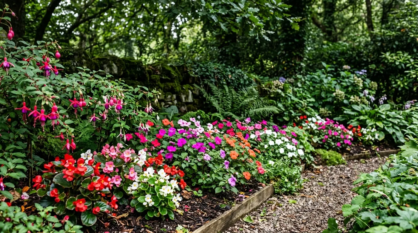 Shade-tolerant annual flowers including begonias and fuchsias in full bloom in a shaded north-facing UK garden border